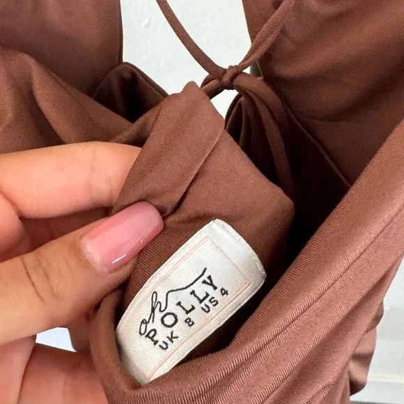 Oh Polly Ruched Keyhole Halter Mini Dress in Brown - Picture 5 of 5